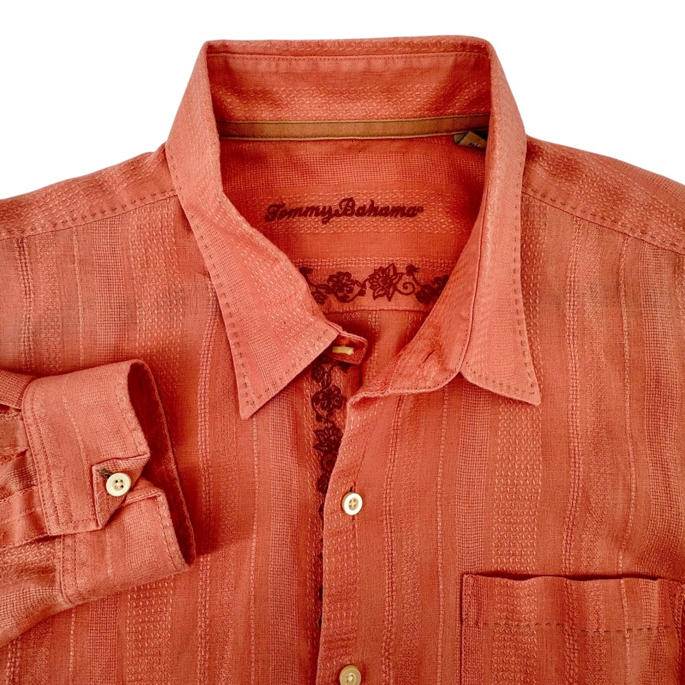 Tommy Bahama Mens XXL Coral Orange 100% Linen Embroidered Long Sleeve Shirt